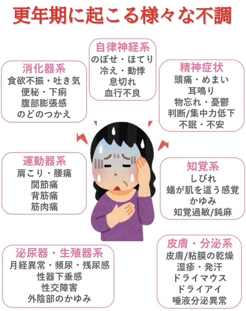 更年期に起こる様々な不快症状 ・自律神経の乱れ ・頭痛、めまい精神症状 ・食欲不振 ・吐き気 ・便秘 ・下痢 ・のどのつかえ ・血行不良 ・のぼせ/ほてり ・息切れなど